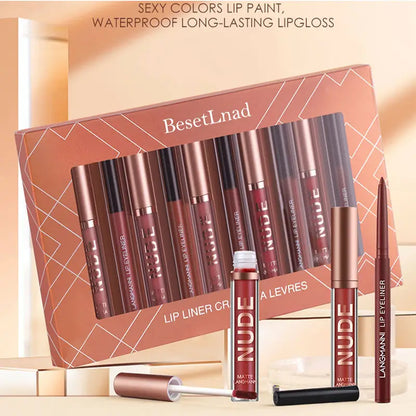 12 Matte  Velvet Nude Liquid Lipstick + Lip Liner Set Lip Gloss-4